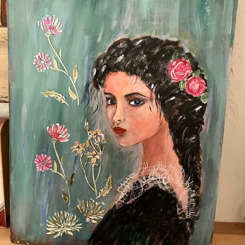 Mixed Media Portrait Woman Floral Accents 11x14 unframed